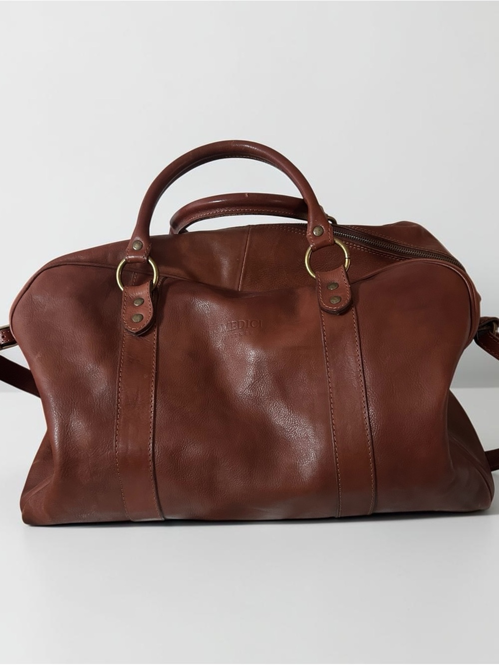 I Medici Firenze Italian Leather Weekender Duffel Bag Cognac Brown Travel Tote
